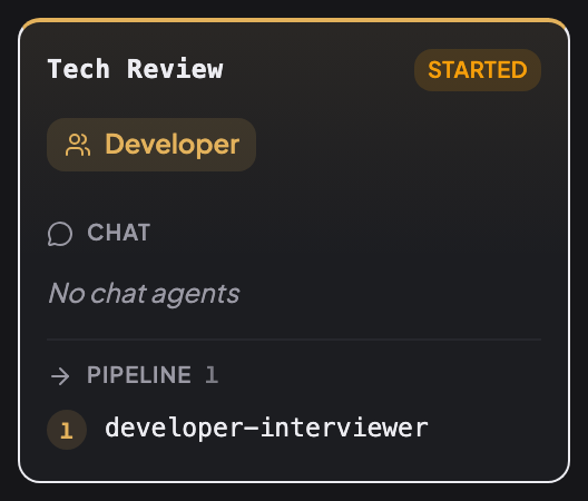 Tech Review role flow: Developer, no chat agents, pipeline developer-interviewer.