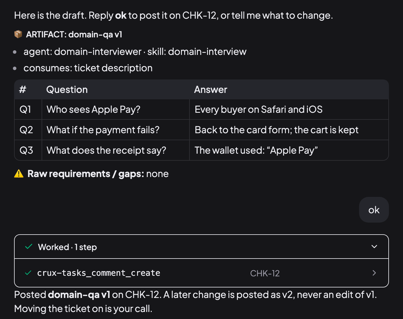 CRUX Boss chat on CHK-12: the domain-interviewer's draft domain-qa v1 with three questions and answers, the person replies ok, and the agent posts domain-qa v1 on the ticket, saying a later change becomes v2.
