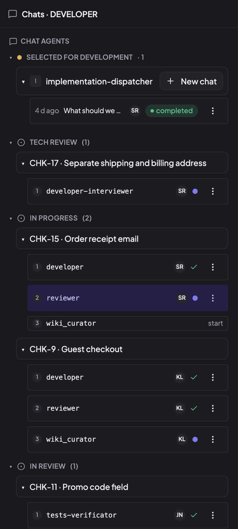 Developer chats in CRUX: implementation-dispatcher under Selected for Development, CHK-17 in Tech Review with developer-interviewer running, CHK-15 in In Progress with developer done and reviewer running, CHK-9 with wiki_curator running, and CHK-11 in In Review with tests-verificator done.