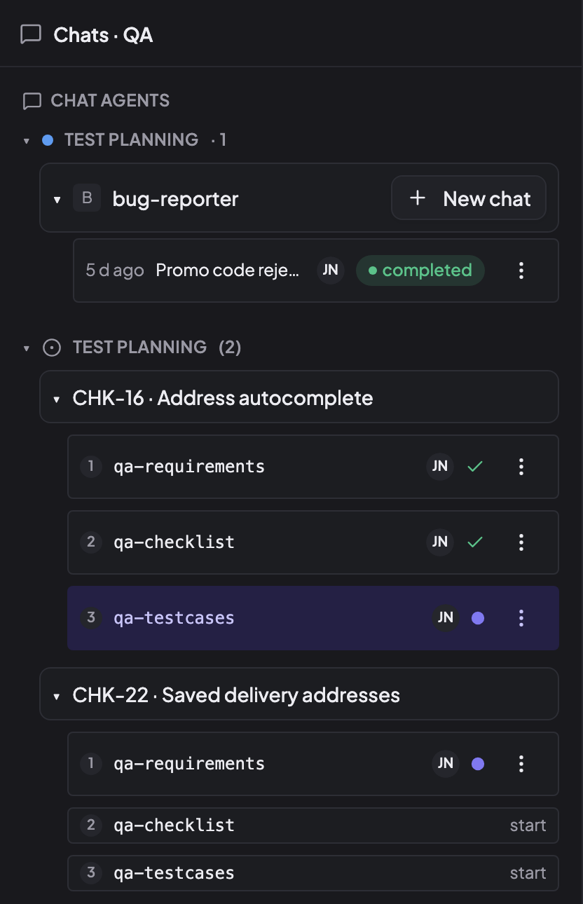 QA chats in CRUX: the bug-reporter chat agent under Test Planning, CHK-16 with qa-requirements and qa-checklist done and qa-testcases running, and CHK-22 with qa-requirements running.